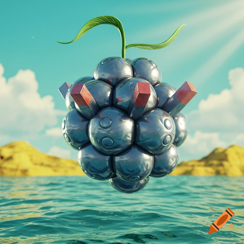 A 3D render of a dark metallic, spherical fruit with red bar magnets and a green stem, floating above blue water under a sunny sky.