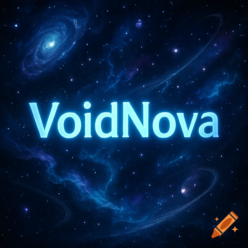 Glowing blue text 'VoidNova' against a dark blue cosmic background with stars and nebulae.