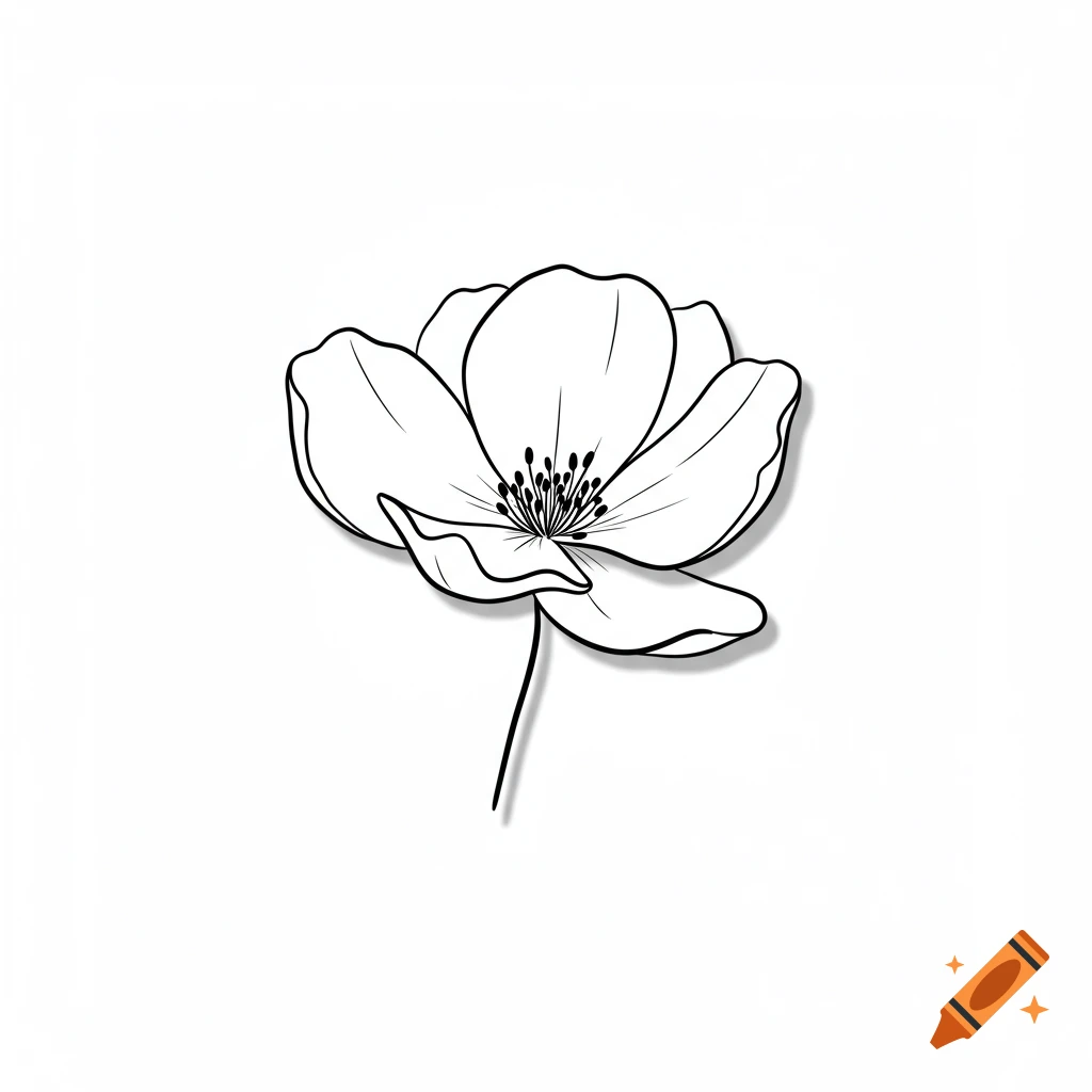 A black and white line art illustration of a flower with a stem.