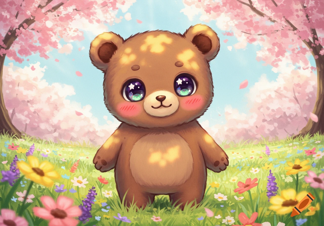 A cute brown bear with big sparkling eyes stands in a vibrant spring meadow with colorful flowers and pink cherry blossoms overhead, in an anime art style.