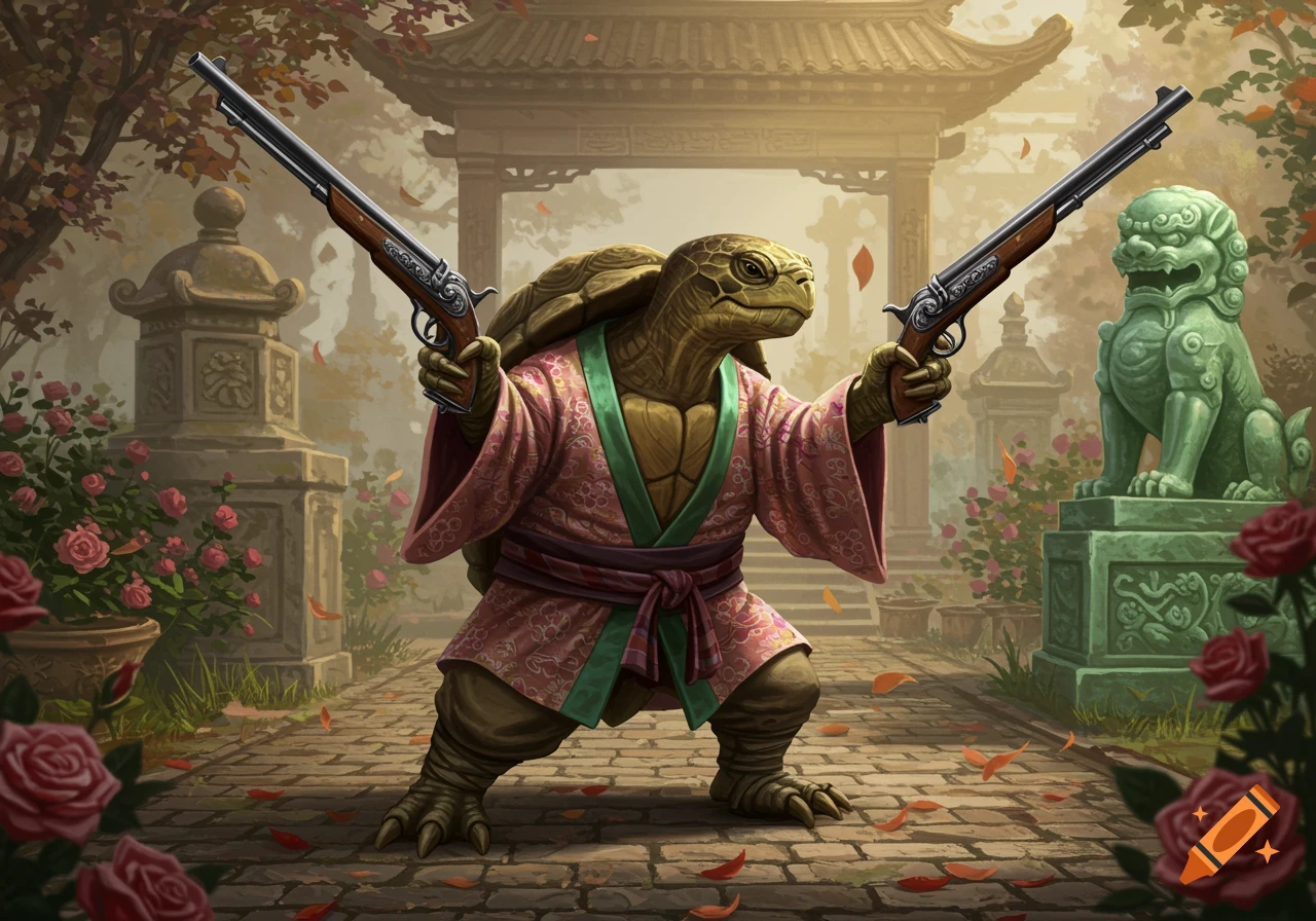 A bipedal tortoise in a pink kimono holds two antique pistols in a garden with East Asian architecture and rose bushes, depicted in an illustrative style.