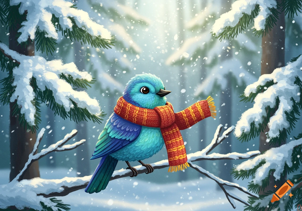 A blue bird in a red scarf perched on a snowy branch in a winter forest, with falling snow, in an illustration.