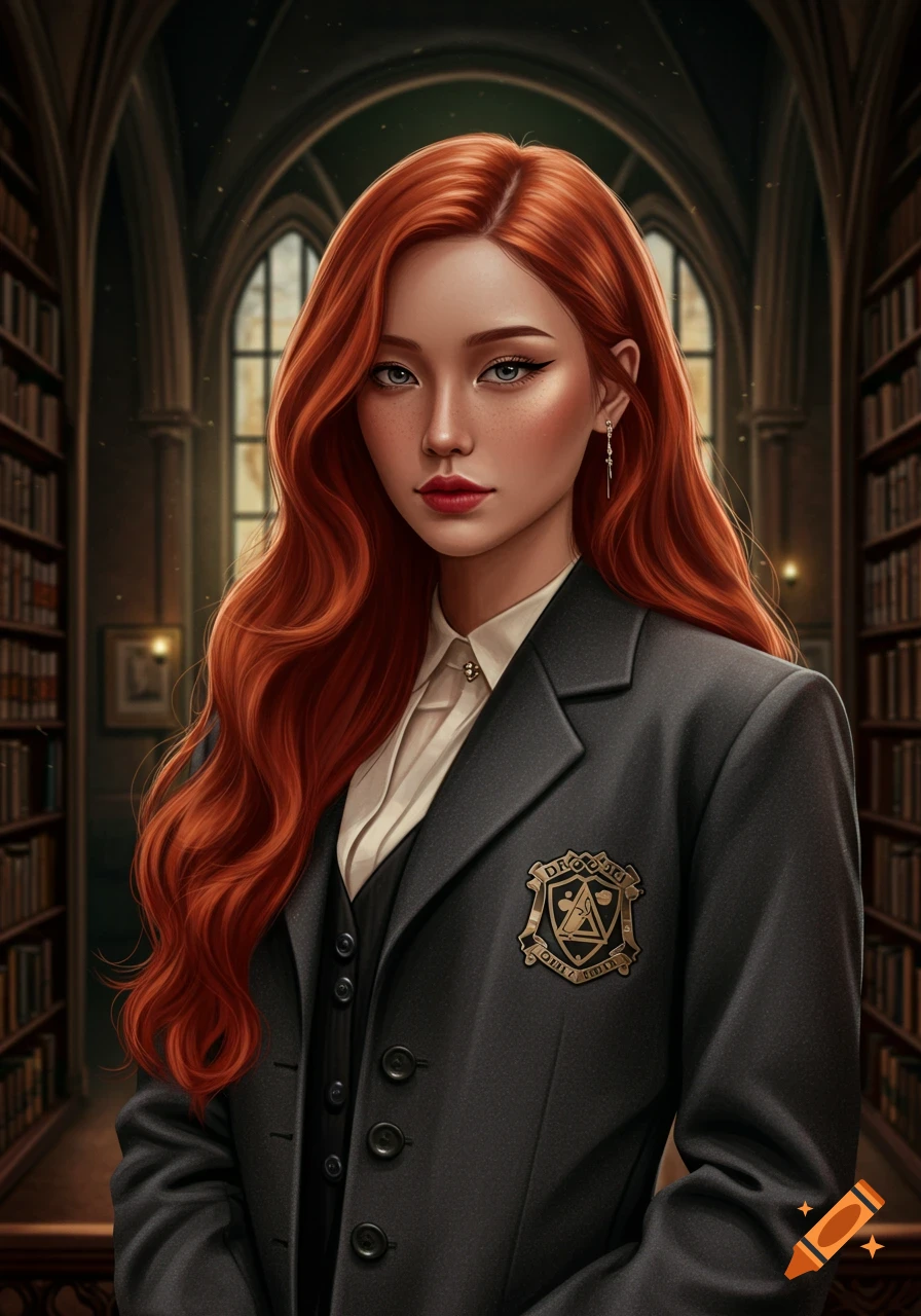 A portrait of a young woman with long red hair wearing a dark academia uniform in a grand library.