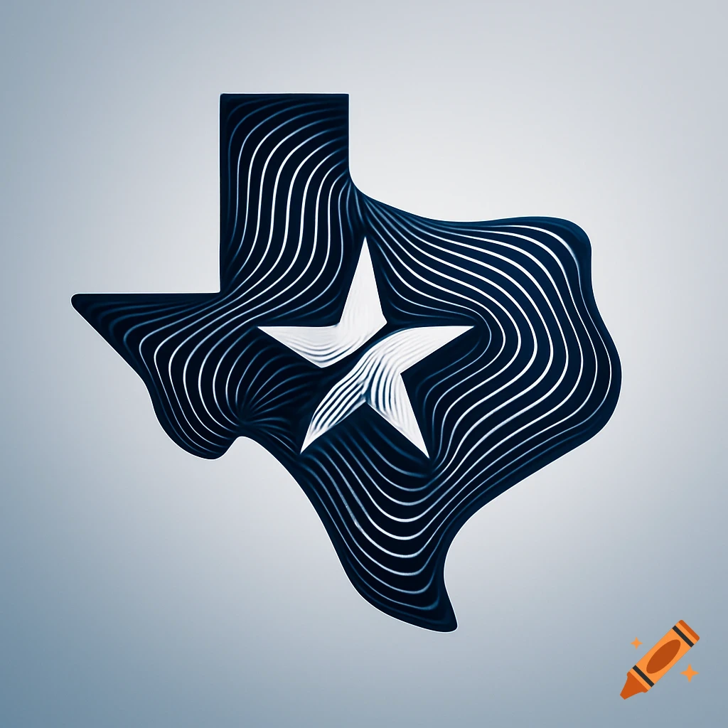 A stylized blue and white abstract depiction of the Texas state outline with a star, featuring wavy, optical lines.