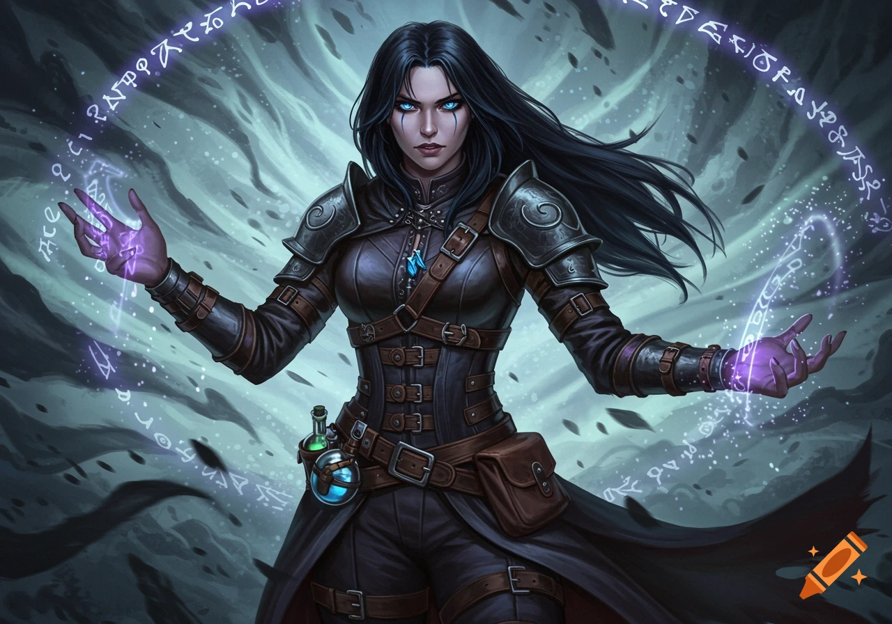 A dark-haired female warlock with glowing blue eyes, dressed in leather armor, casting purple magic with arcane runes.