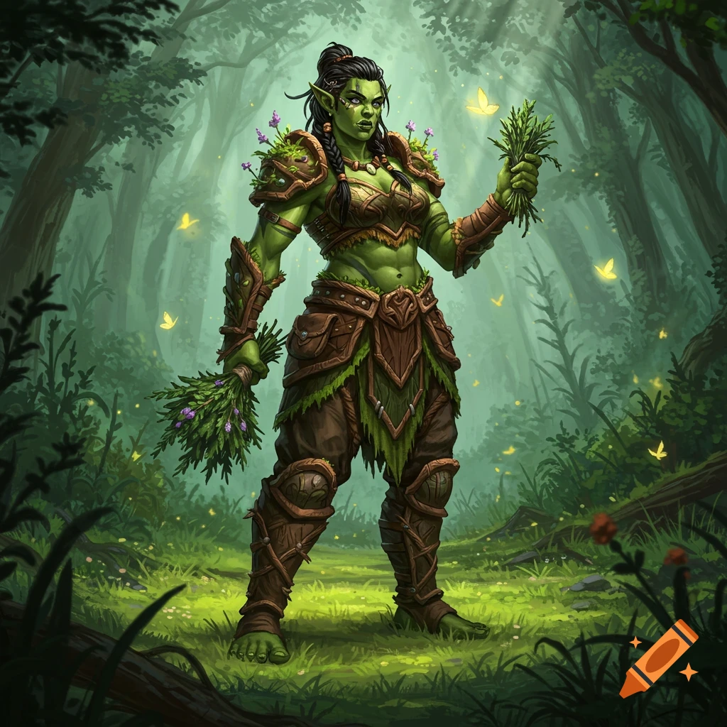 A female orc herbalist stands in a lush, green forest, holding bundles of herbs, with glowing butterflies around her.