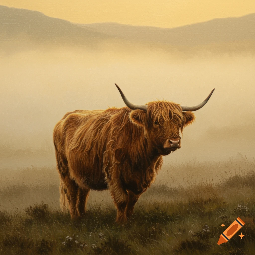 An oil painting of a shaggy Highland cow standing in a misty, golden-lit landscape.