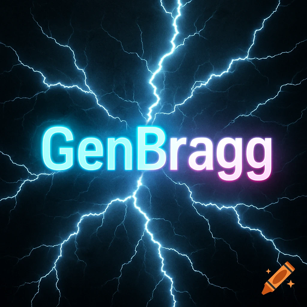 Bright neon 'GenBragg' logo with blue and pink gradient, set against a dark background with electric blue lightning bolts.