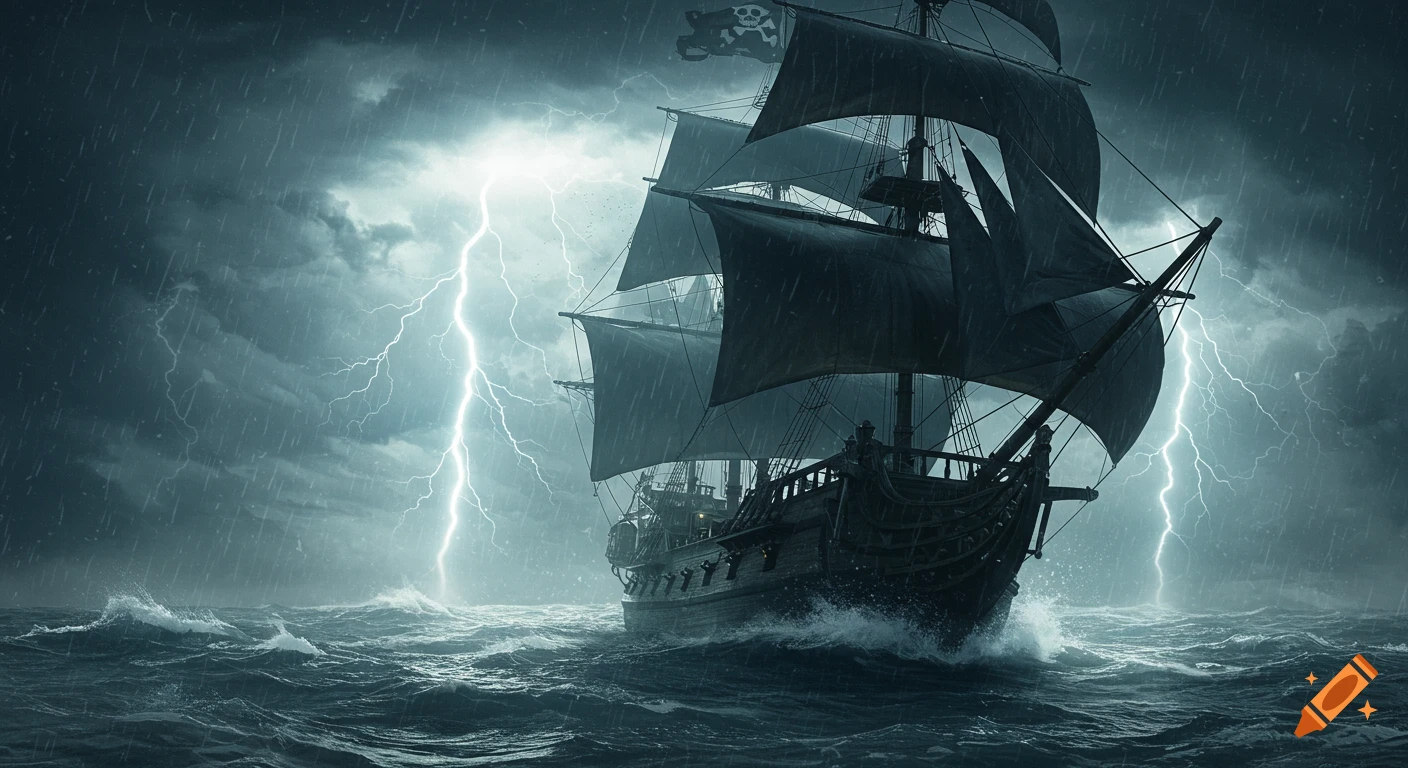 A dark pirate galleon with black sails battles stormy seas under a dramatic sky with lightning and heavy rain.