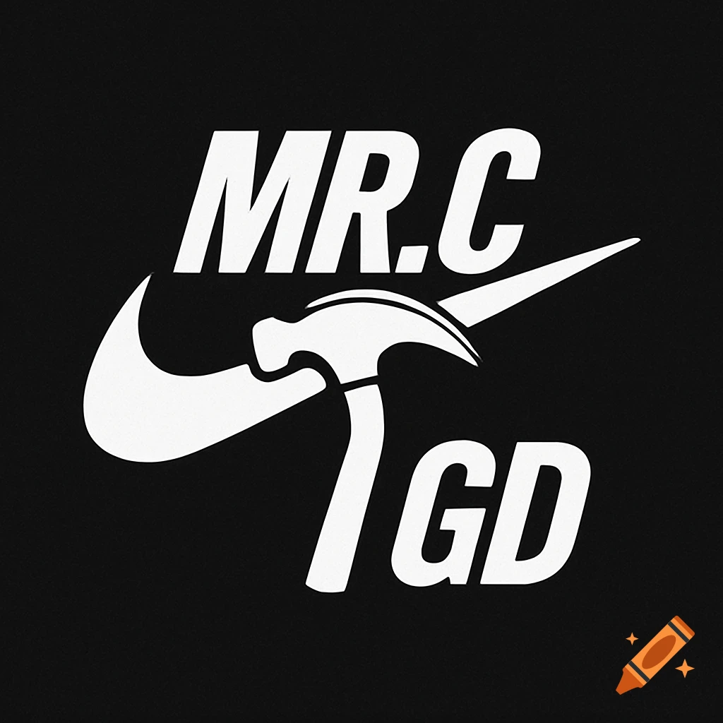A white logo on a black background, featuring a Nike-style swoosh crossed with a hammer, with 'MR.C' above and 'GD' below.