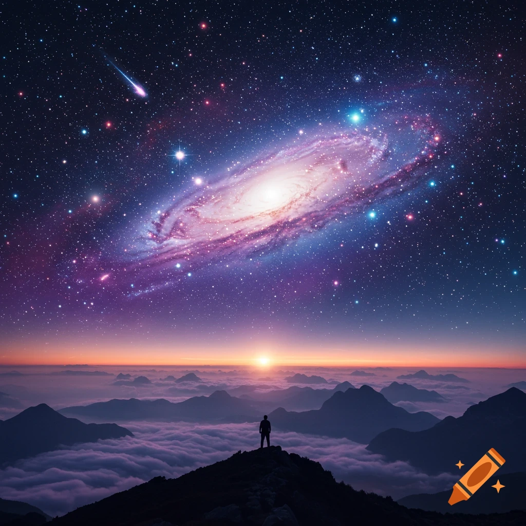 A person stands on a mountain peak above clouds, gazing at a vibrant galaxy and starry sky during sunrise or sunset.