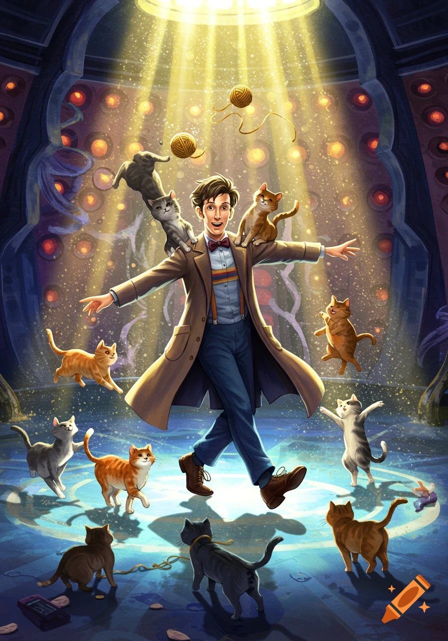 An illustrated Doctor Who-like character juggling yarn with many cats in a glowing TARDIS-like room.