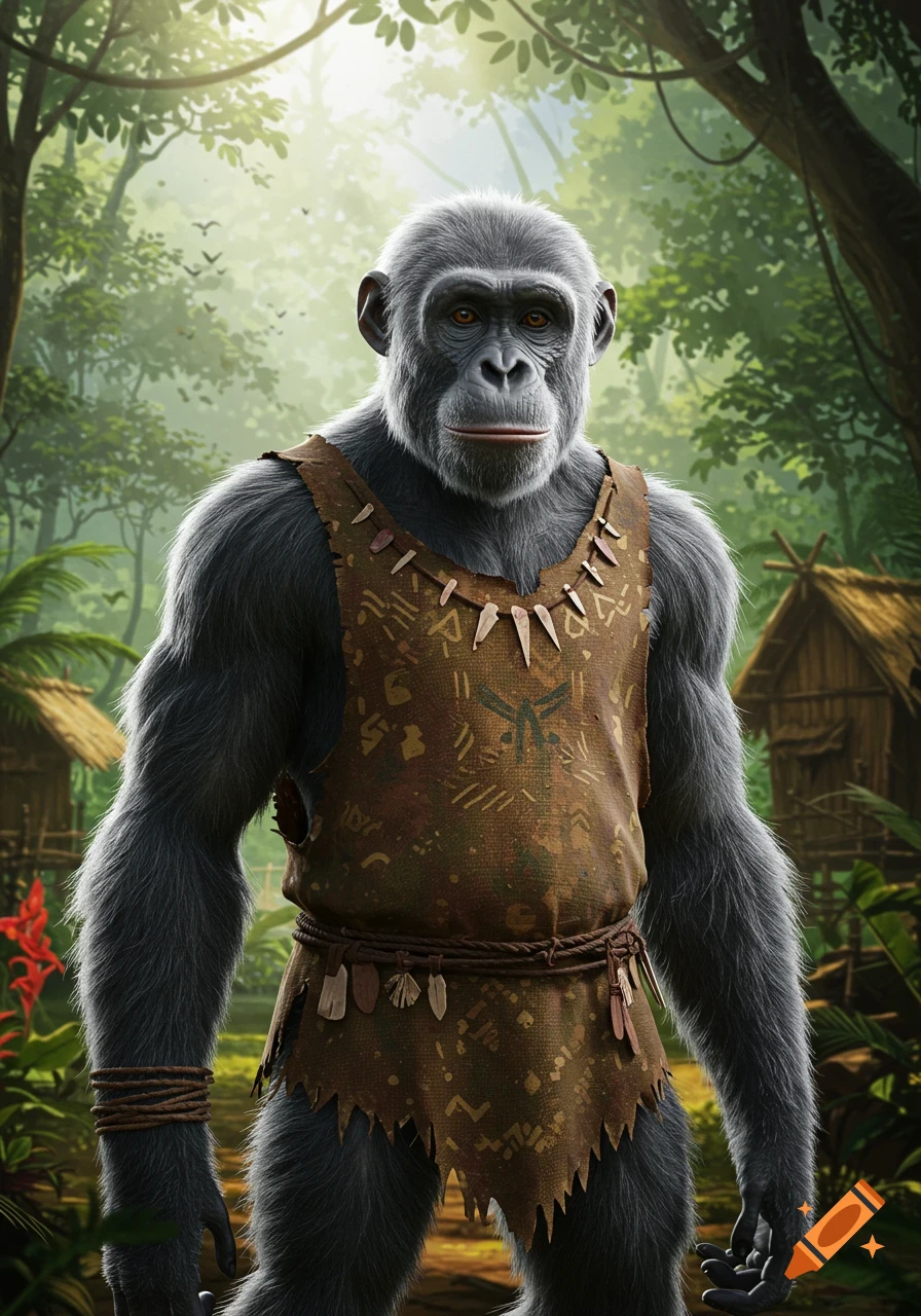 Photorealistic portrait of a grey chimpanzee in a brown patterned tunic and bone necklace, standing in a lush, sunlit jungle with huts.