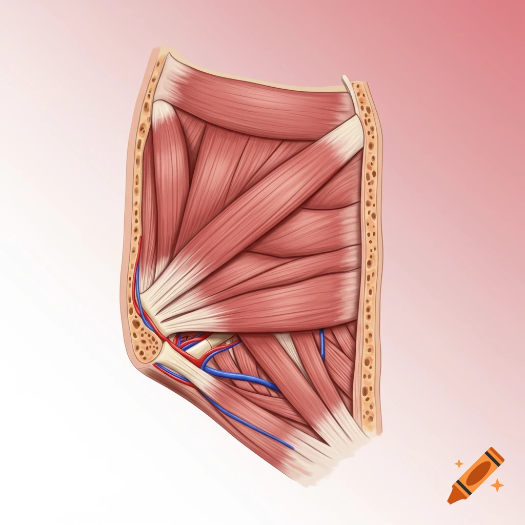 Detailed anatomical illustration of human muscles, bone, and blood vessels.