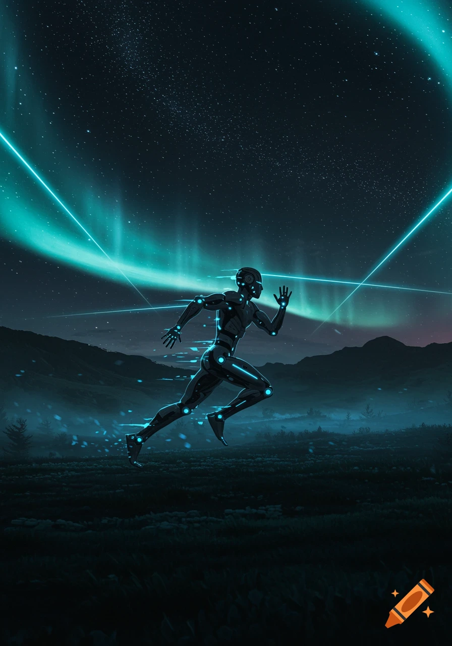 A robotic figure runs through a dark, starry landscape under a glowing teal aurora.