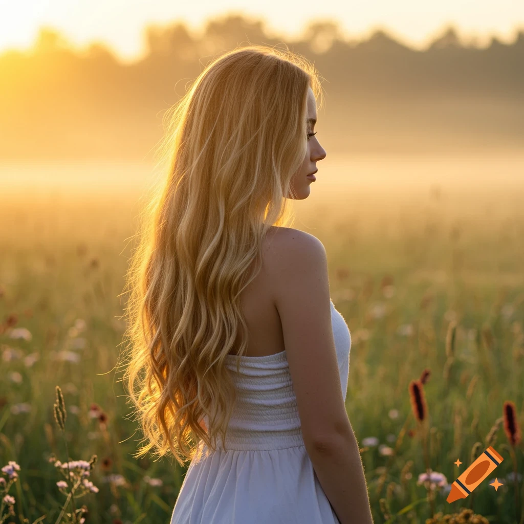 Photorealistic portrait of a young woman with long blonde hair standing in a field during golden hour sunset.