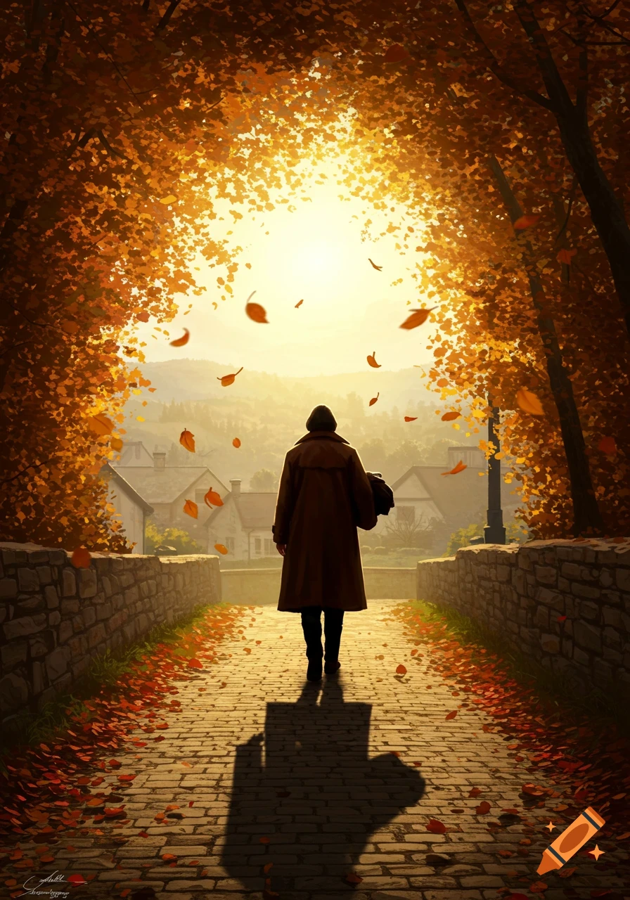 Person walking away on a cobblestone path lined with bright orange autumn trees, sunlight shining ahead.