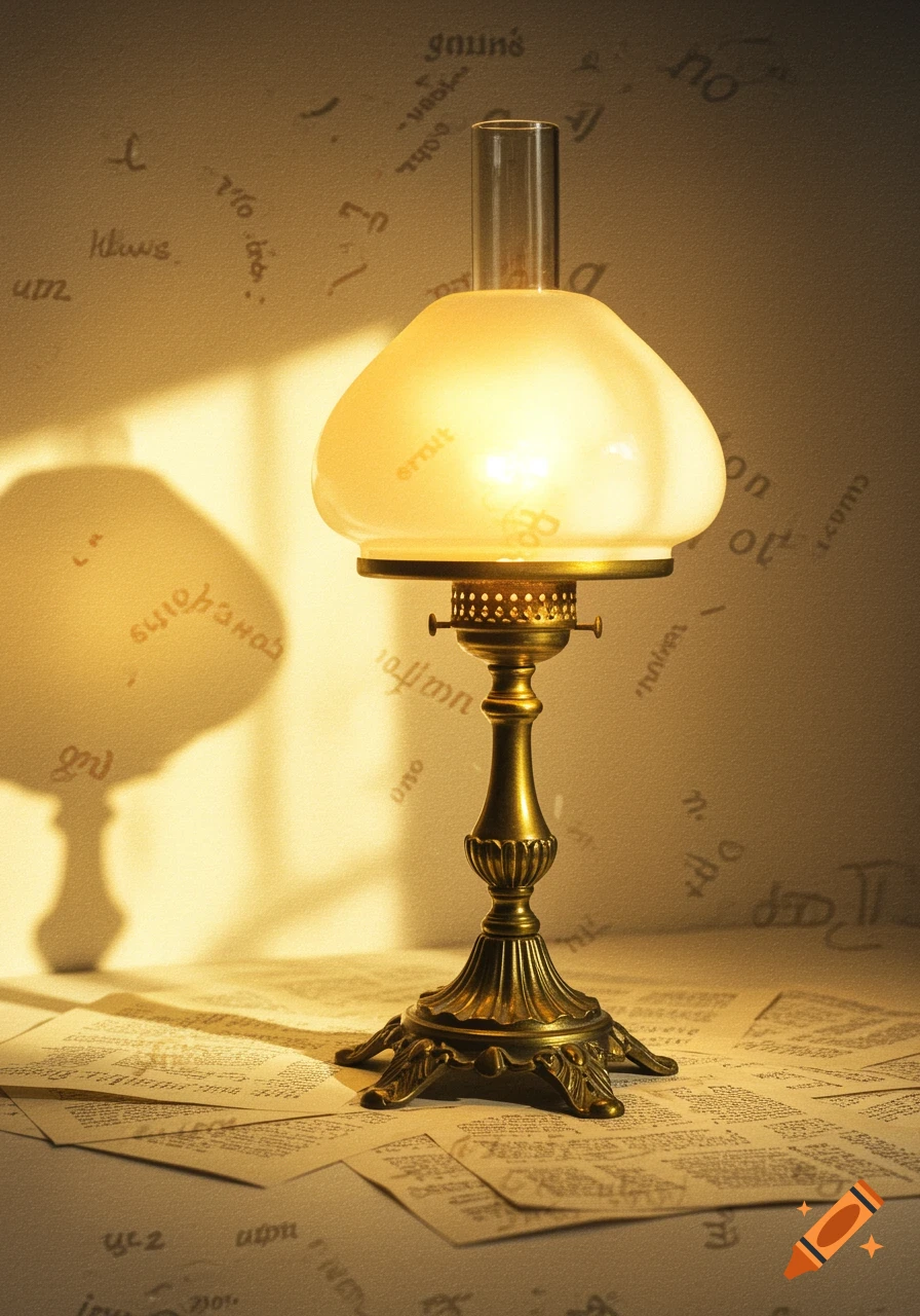An antique brass table lamp with a glowing frosted glass shade stands on a table covered in papers with blurry, illegible text. Sunlight casts a strong shadow of the lamp on a wall also covered in faint, blurry text. The scene is warmly lit.