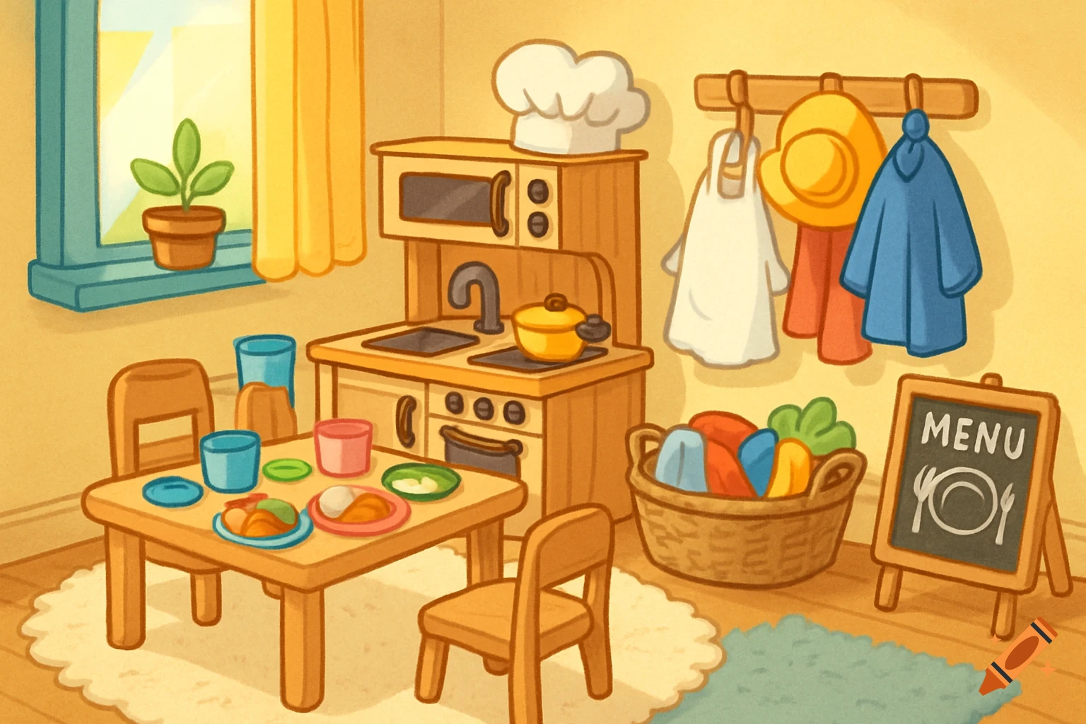 A cartoon illustration of a children's play kitchen area with a small  table, chairs, toy food, a dress-up rack, and a chalkboard menu. on Craiyon, image size:1536x1024