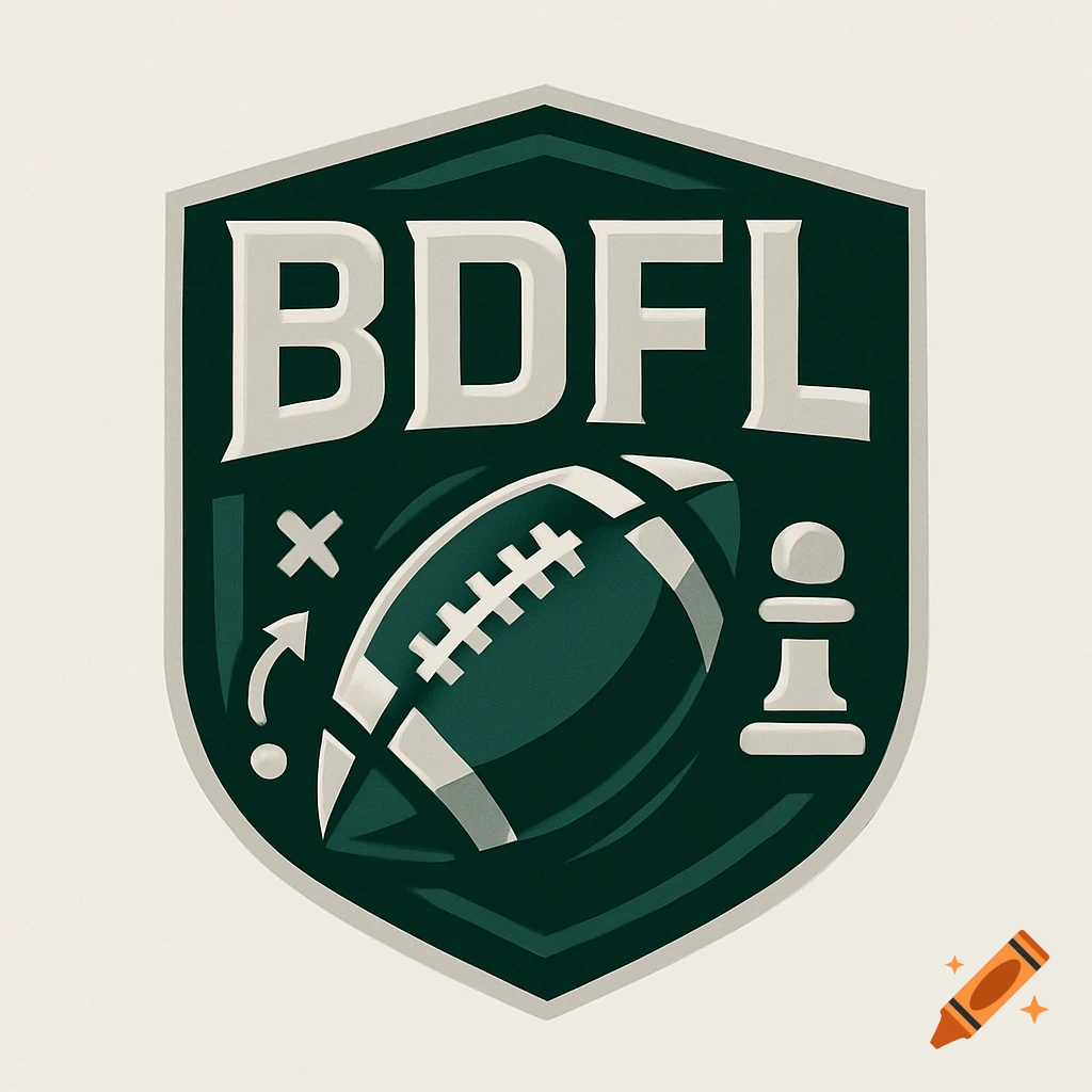 A shield logo for BDFL Fantasy Football League featuring a football, a chess pawn, and the letters BDFL.