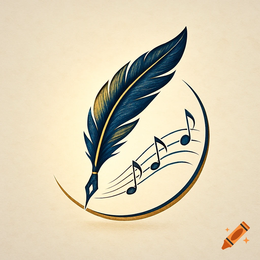 A stylized logo featuring a blue and gold feather quill writing musical notes on a light background.