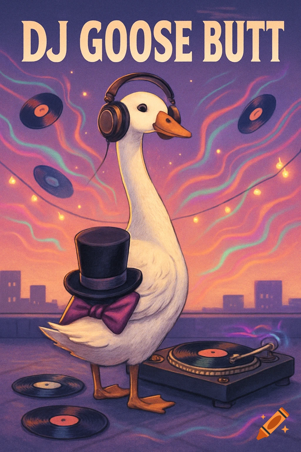 A cartoon goose in headphones and a top hat stands by a turntable on a rooftop at sunset, with "DJ GOOSE BUTT" above.