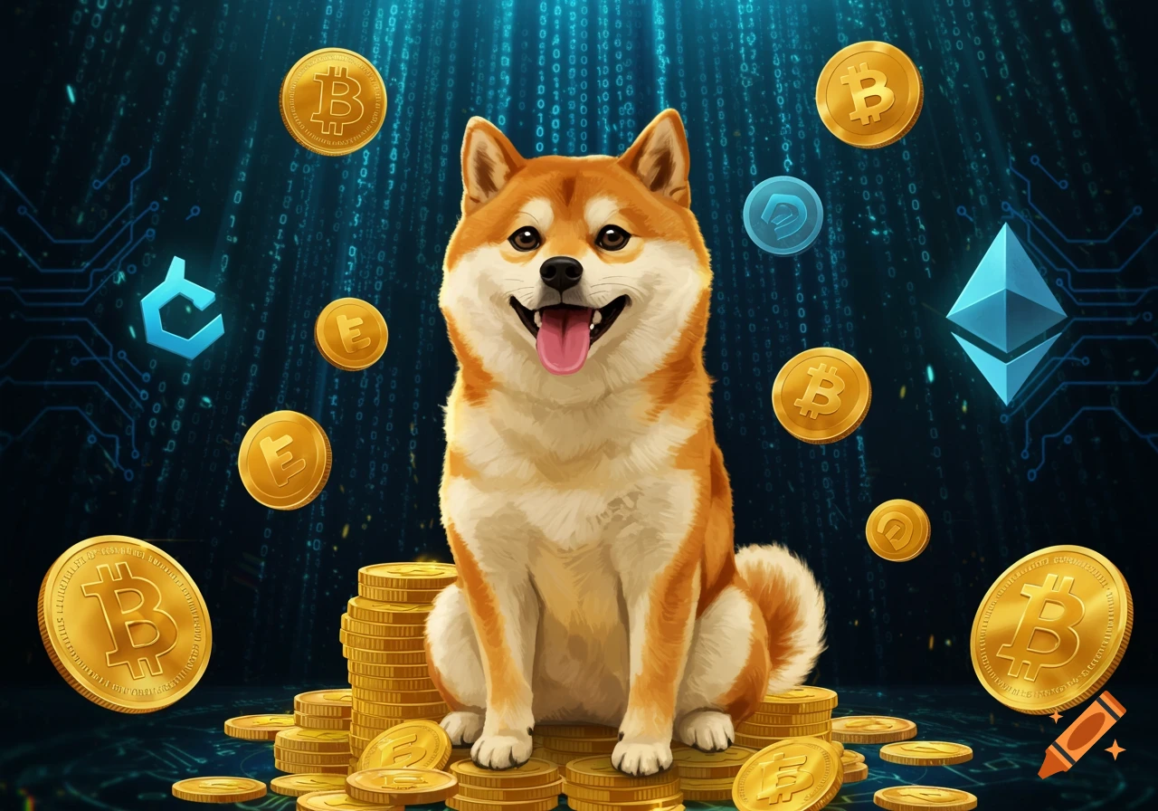 A happy Shiba Inu dog sits on a pile of gold coins with Bitcoin and Ethereum symbols and binary code in a digital art style.