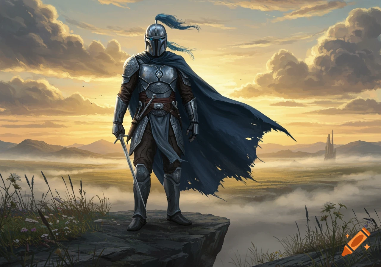 A heavily armored knight-like figure, reminiscent of a Mandalorian, stands on a rocky cliff overlooking a misty valley with mountains and a distant castle at sunset.