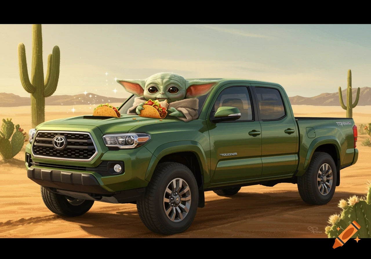 A cartoon baby Yoda sits on the hood of a green Toyota Tacoma pickup truck in a desert, eating a taco.