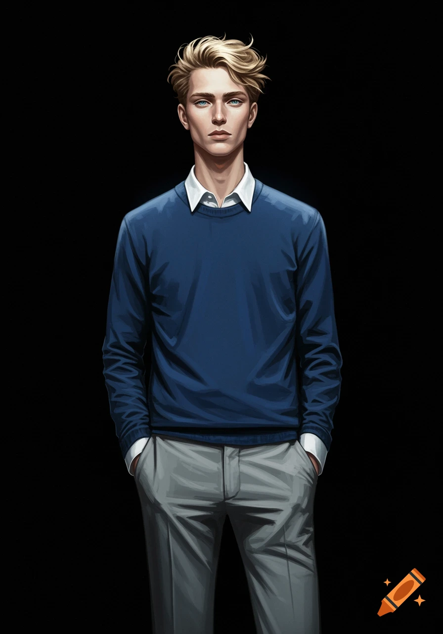 A tall, slim young man with blonde hair and blue eyes, wearing a blue sweater and grey trousers, stands against a black background. Illustrated style.