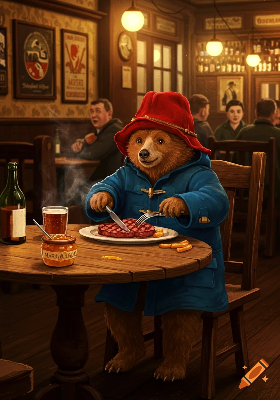 Paddington Bear in a blue duffle coat and red hat sits at a wooden table in a pub, cutting into a steak, with a jar of marmalade nearby.