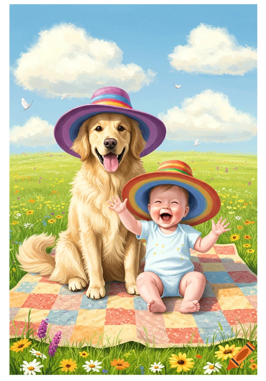 A happy baby and a golden retriever dog, both wearing colorful sun hats, sitting on a plaid picnic blanket in a field of wildflowers. Illustration style.