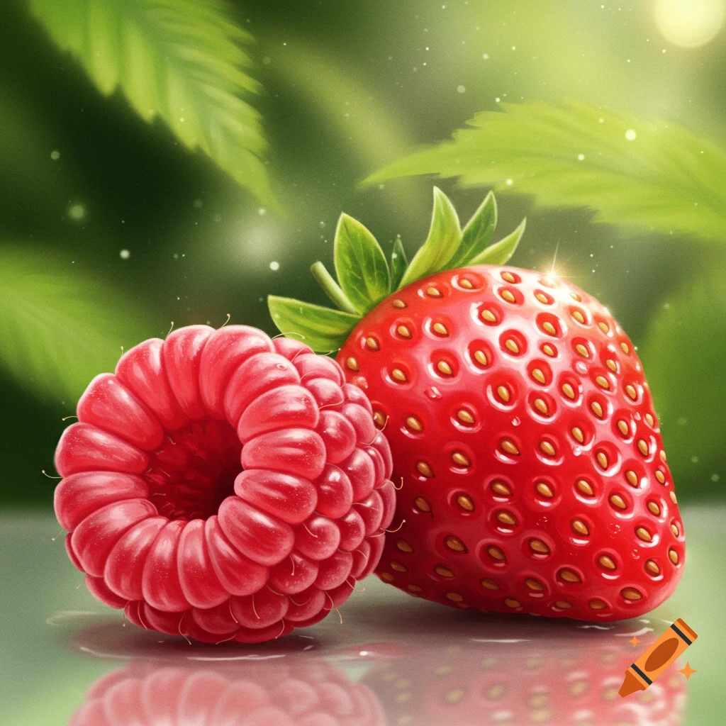 A vibrant, detailed illustration of a red raspberry and a glistening strawberry against a blurred green leafy background.
