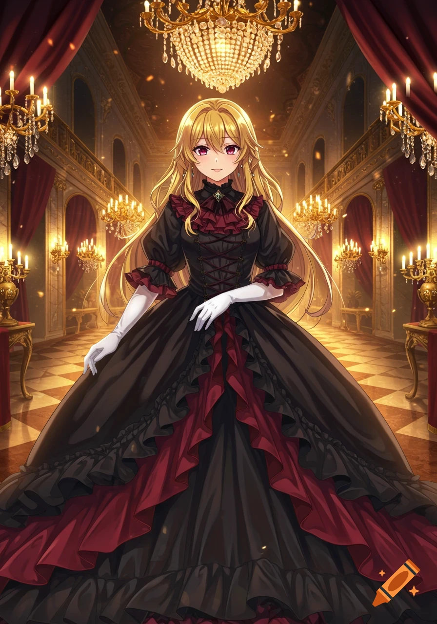 Anime girl in elegant black and crimson Victorian dress with white gloves, blonde hair, and crimson eyes, standing in an opulent ballroom.