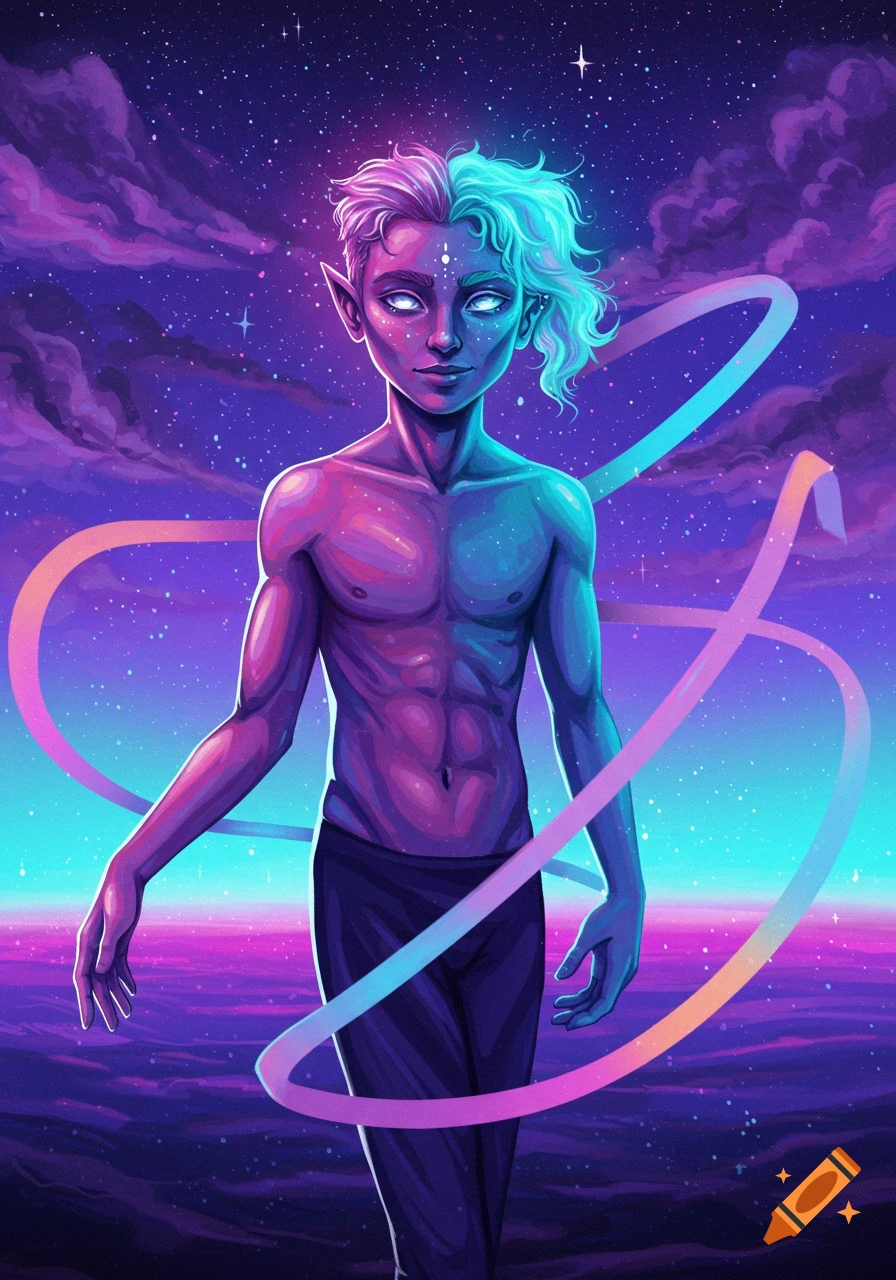 A male elf-like figure with split pink and blue hair and glowing eyes stands against a vibrant purple and blue cosmic background with swirling ribbons.