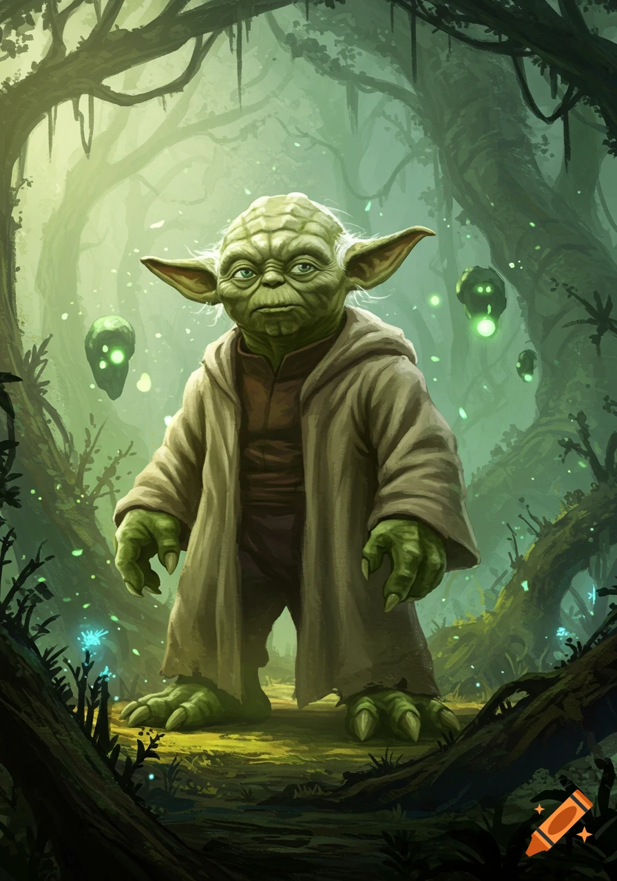 A detailed illustration of green-skinned Yoda in a robe, standing in a vibrant, mystical swamp forest with glowing orbs.