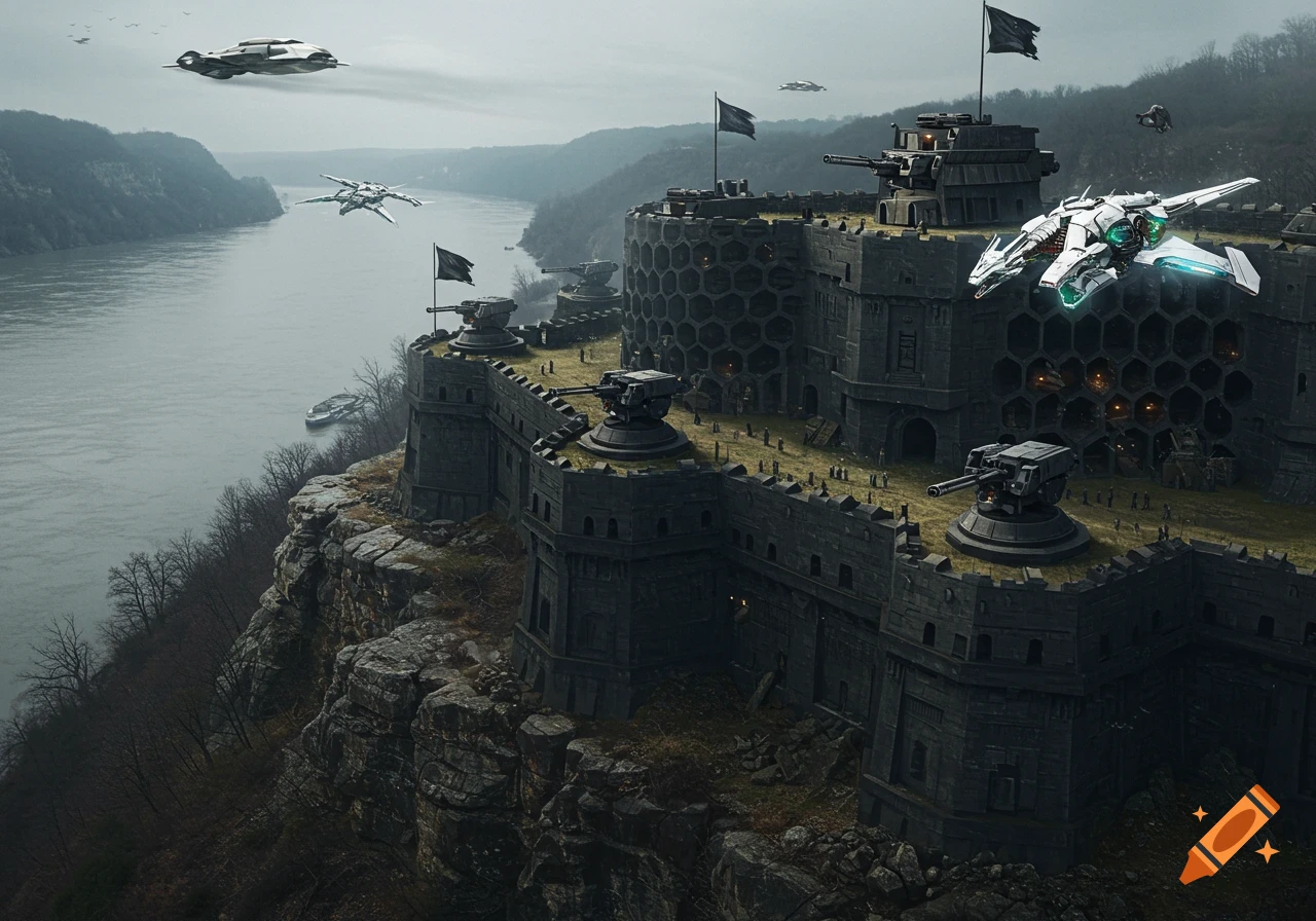 A futuristic, dark fortress-hive with hexagonal walls and turrets sits on a bluff overlooking a river, with sci-fi ships flying overhead under a cloudy sky.