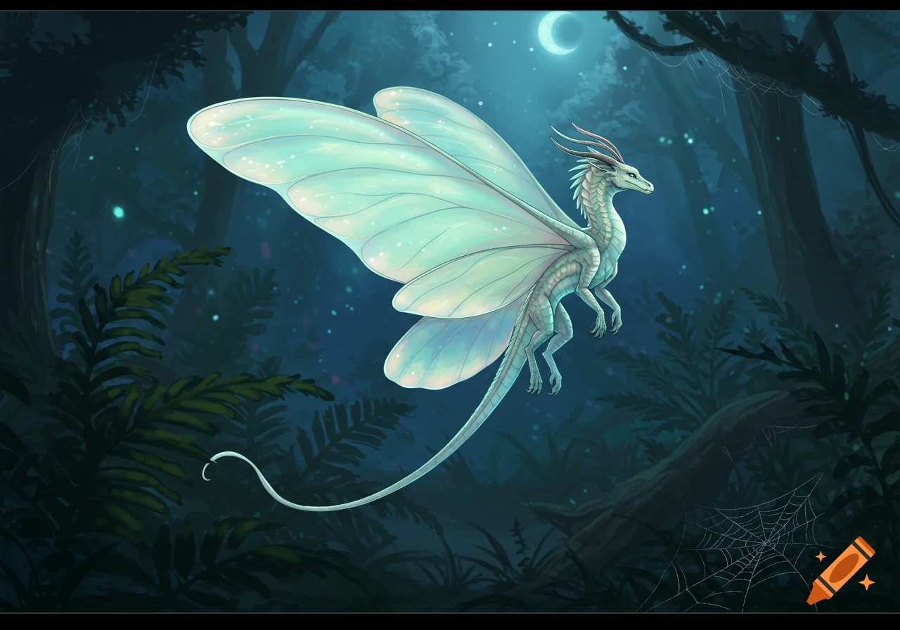 A white dragon with large, translucent, iridescent wings flies through a dark, moonlit forest with glowing fireflies.