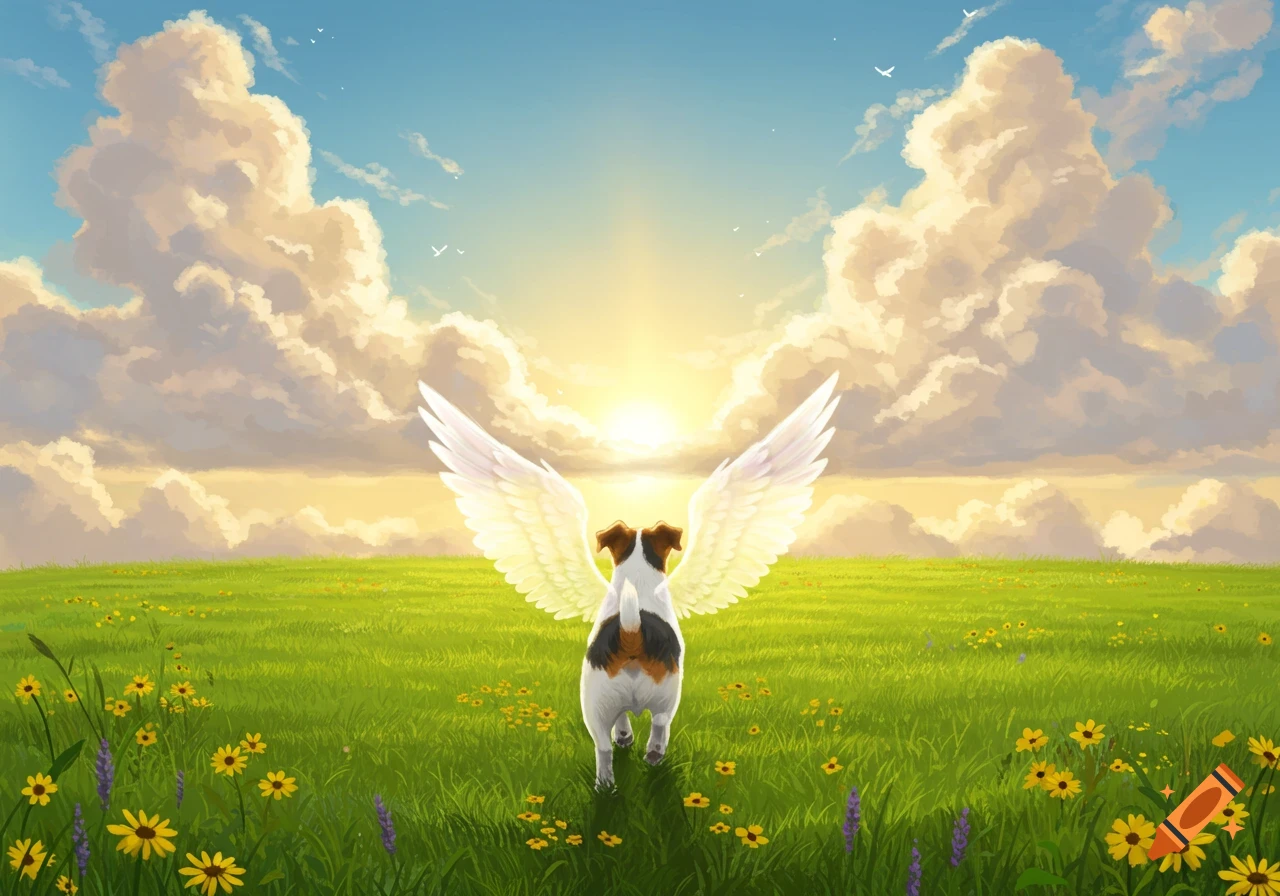 A Jack Russell dog with white angel wings walks away into a bright, sunny green field with yellow flowers, under a blue sky with large white clouds.