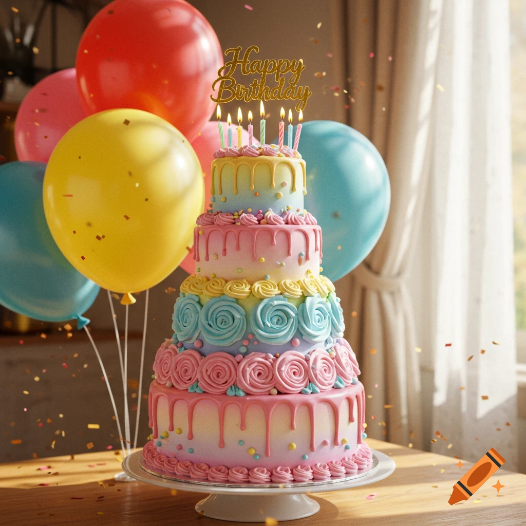 A colorful multi-tiered birthday cake with candles and a 'Happy Birthday' topper, surrounded by balloons and falling confetti.