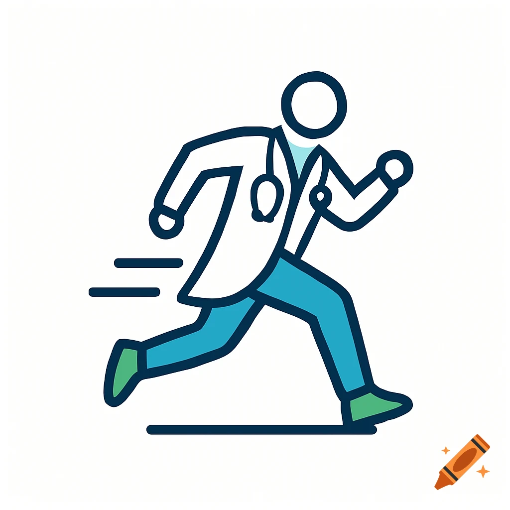 Simple line art logo of a doctor running.