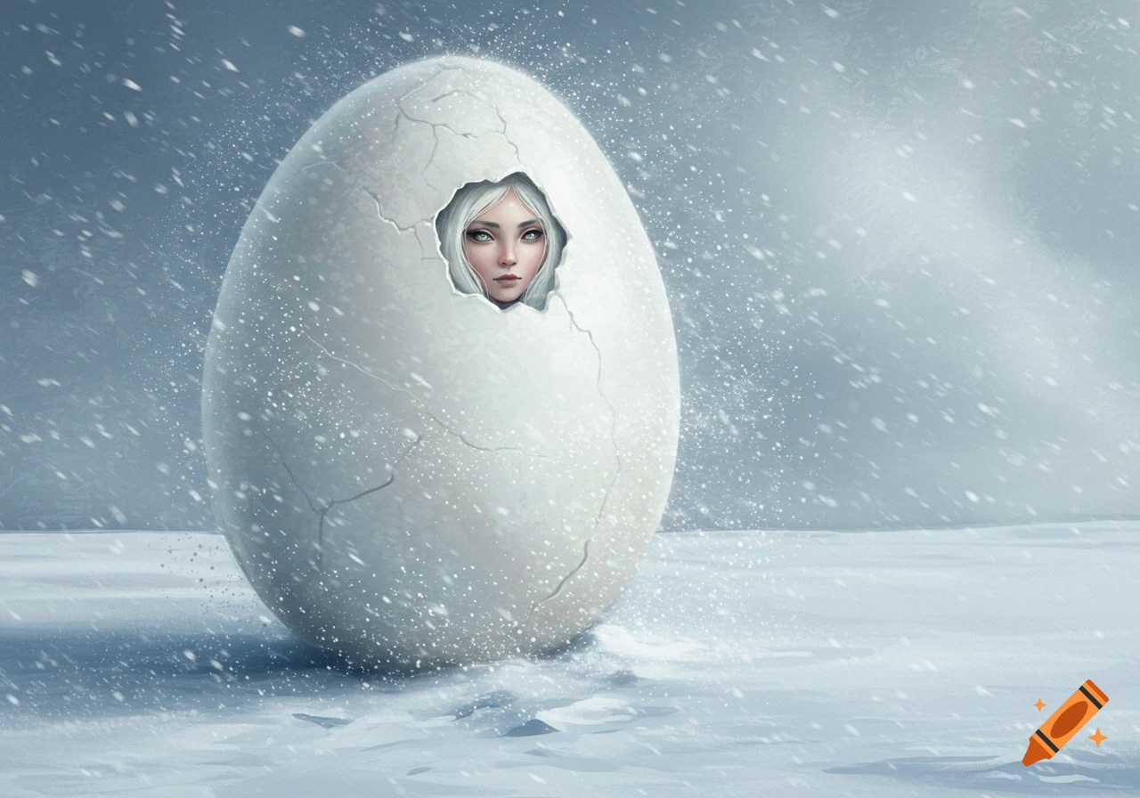 A woman with white hair and pale skin peeking out of a cracked white egg in a snowy landscape during a snowstorm, in an illustration style.