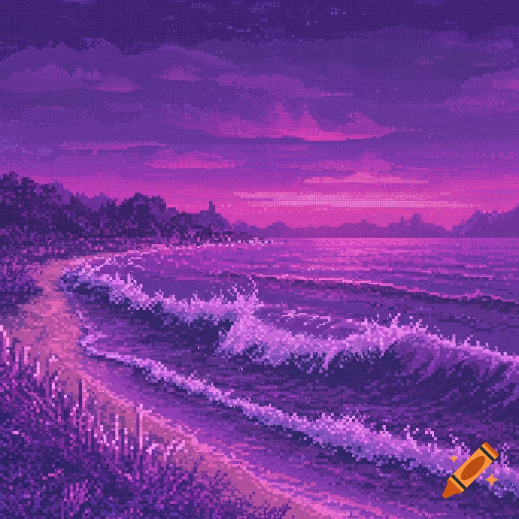 Pixelated purple beach at sunset with waves crashing, rendered in a retro PS2 PlayStation graphics style.