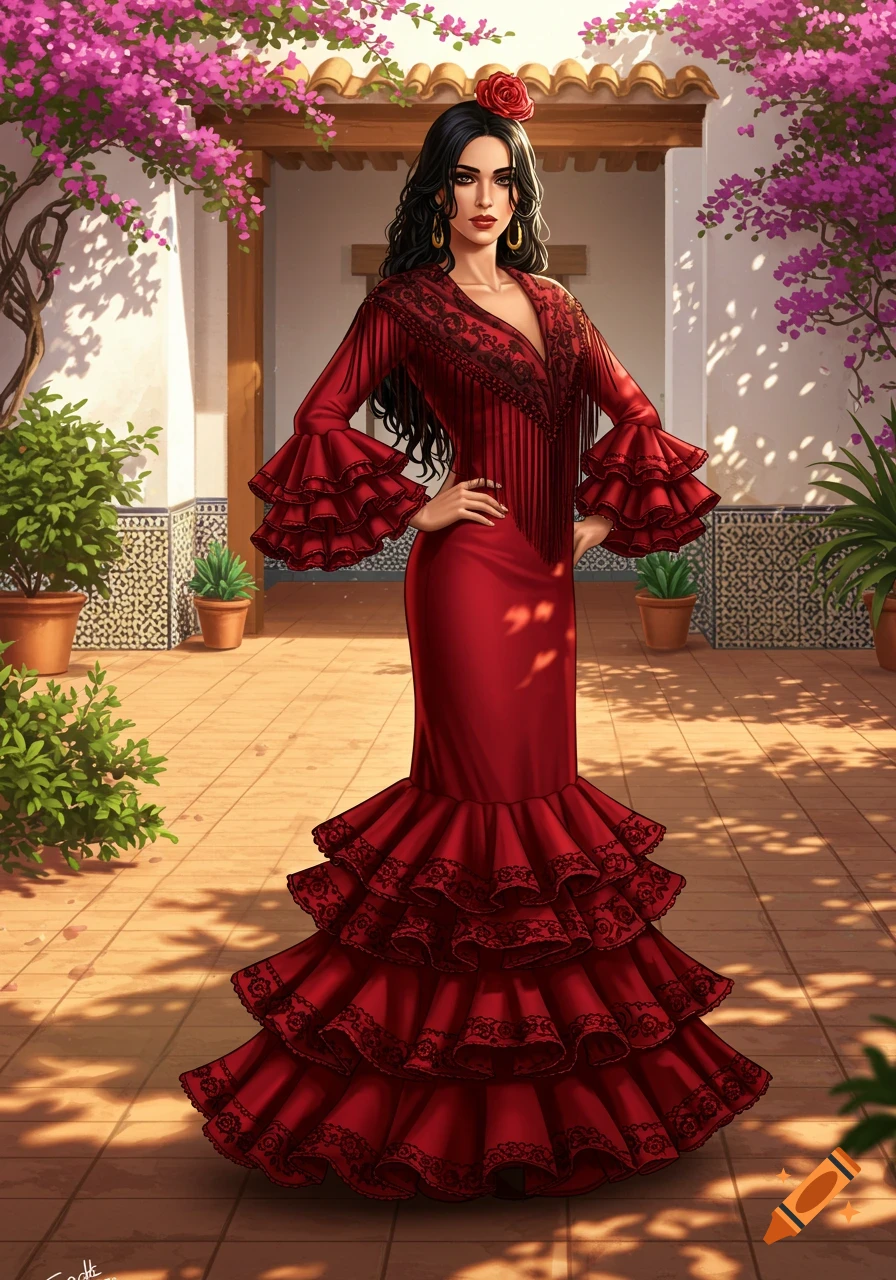 A dark-haired Spanish woman in a vibrant red flamenco dress with ruffles stands in a sunny courtyard with pink flowers.