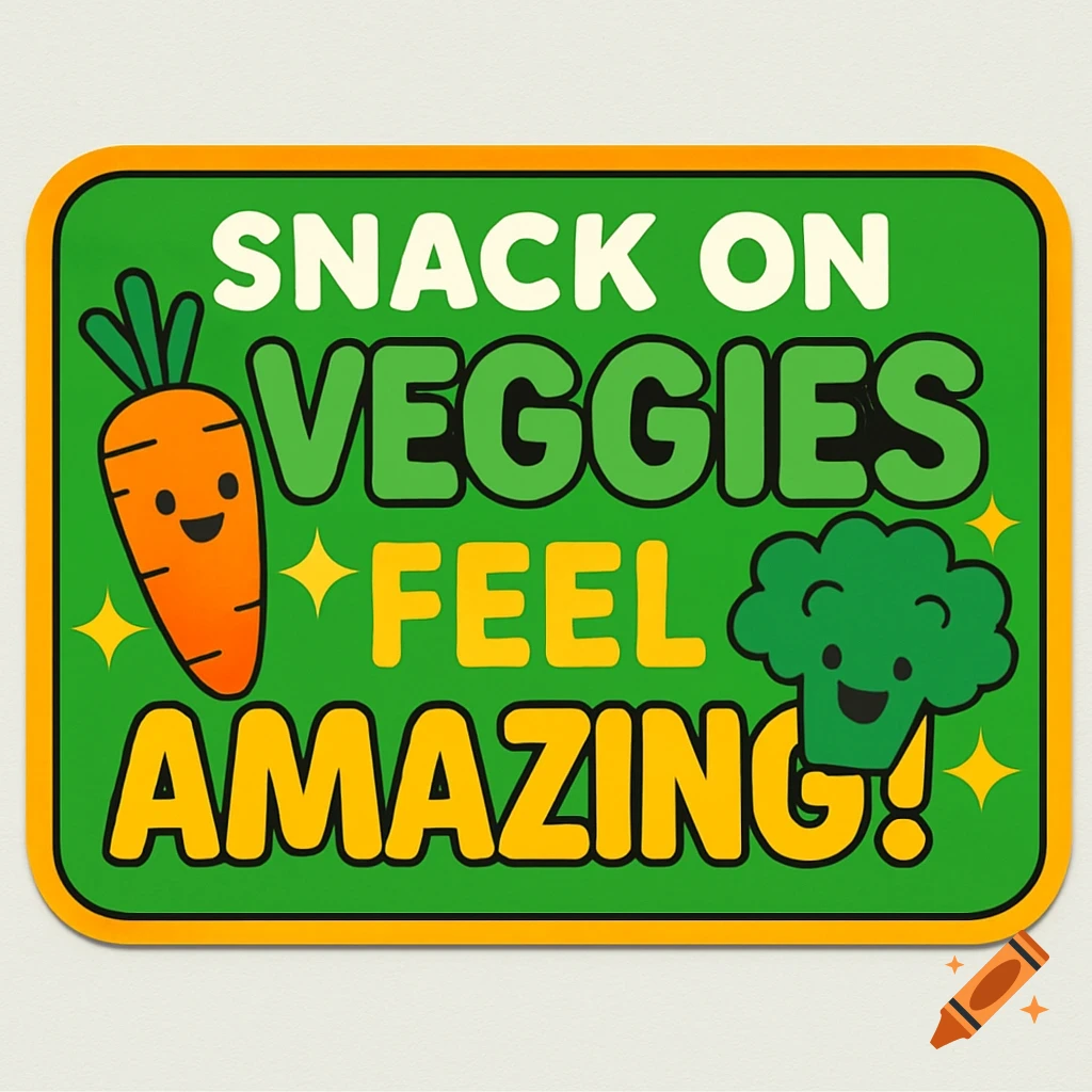 A vibrant green bumper sticker with a yellow border. It features a smiling cartoon carrot and broccoli, with sparkles. The text reads "SNACK ON VEGGIES FEEL AMAZING!" in bold white, green, and yellow letters.