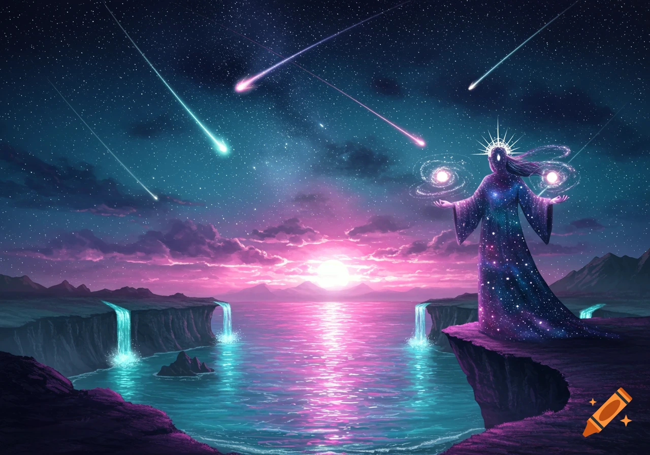 A cosmic figure in a starry robe stands on a cliff overlooking a vibrant purple and blue landscape with waterfalls and shooting stars in a night sky.