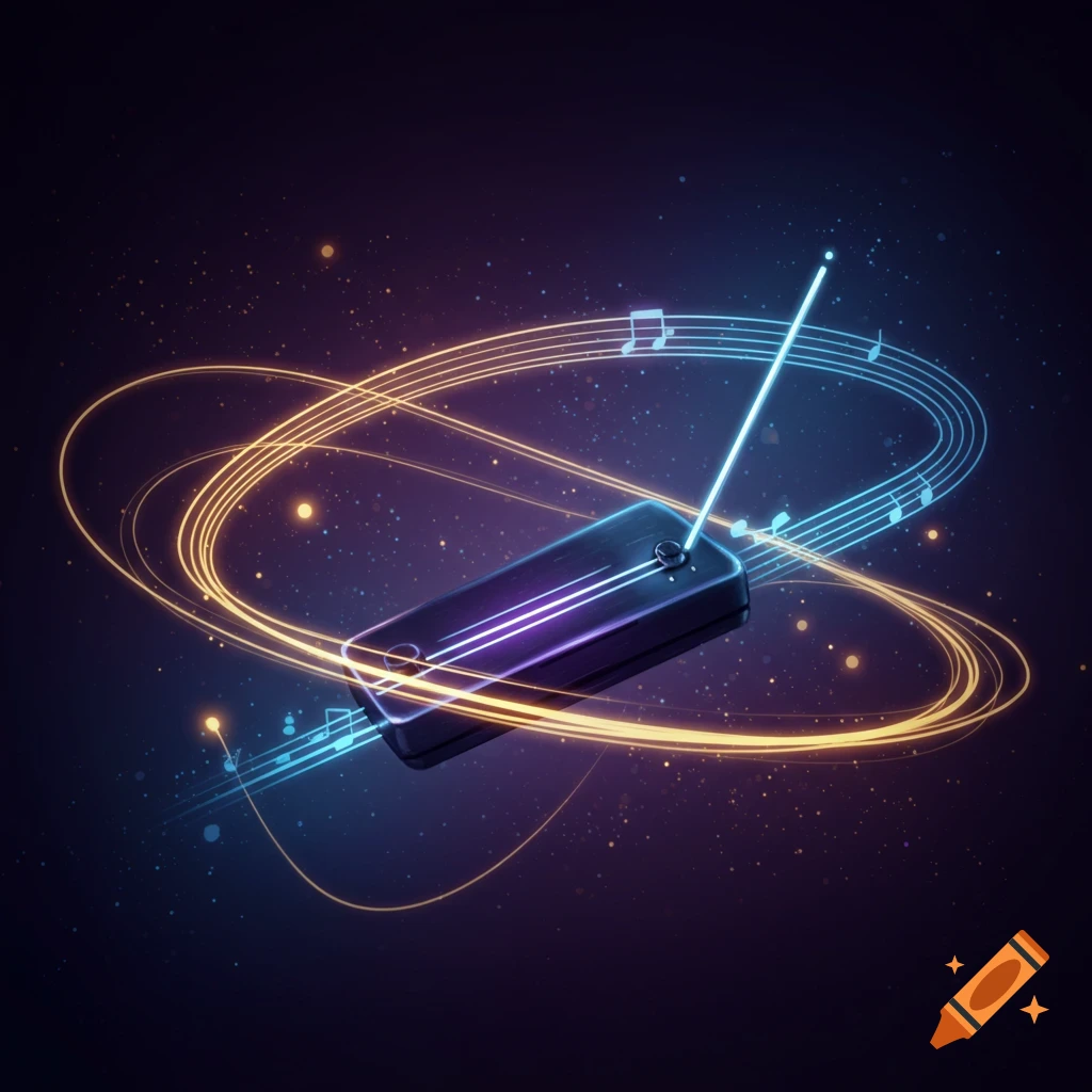 A stylized electronic device, possibly a Theremin, emits a glowing antenna amidst swirling orange and blue light trails and musical notes against a dark, starry background.