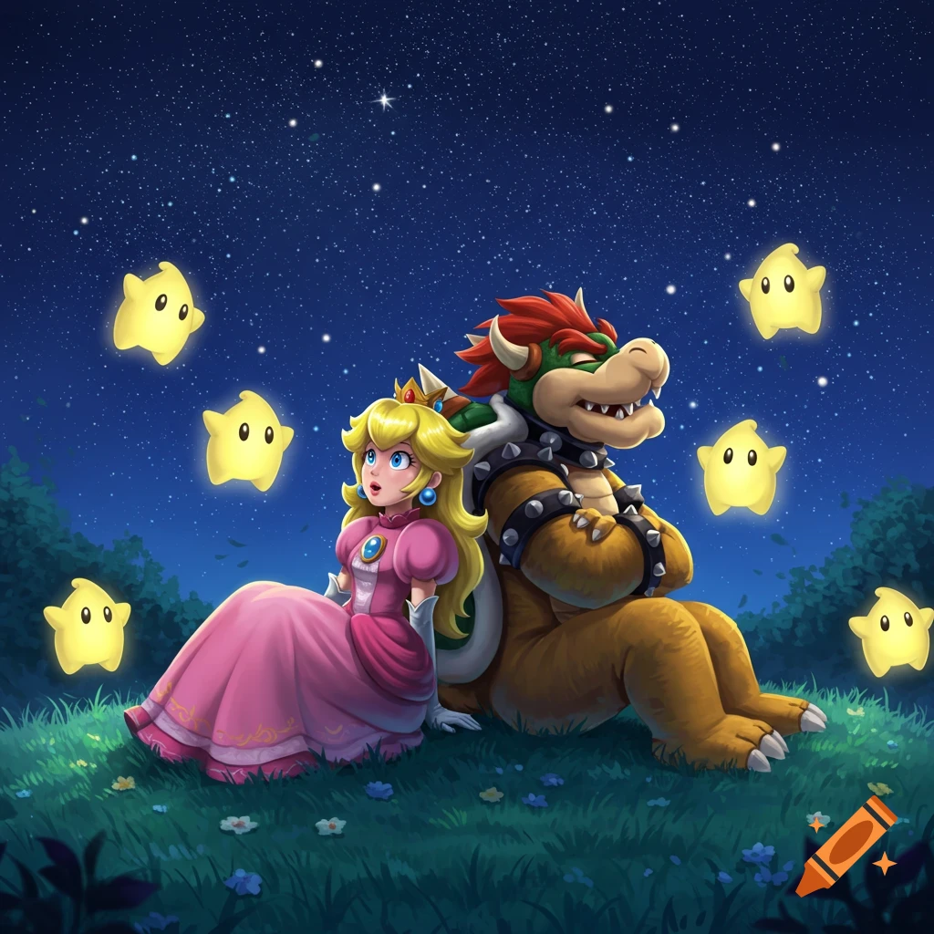 Princess Peach and Bowser sit back-to-back on grassy ground under a starry night sky, surrounded by glowing yellow Luma stars.