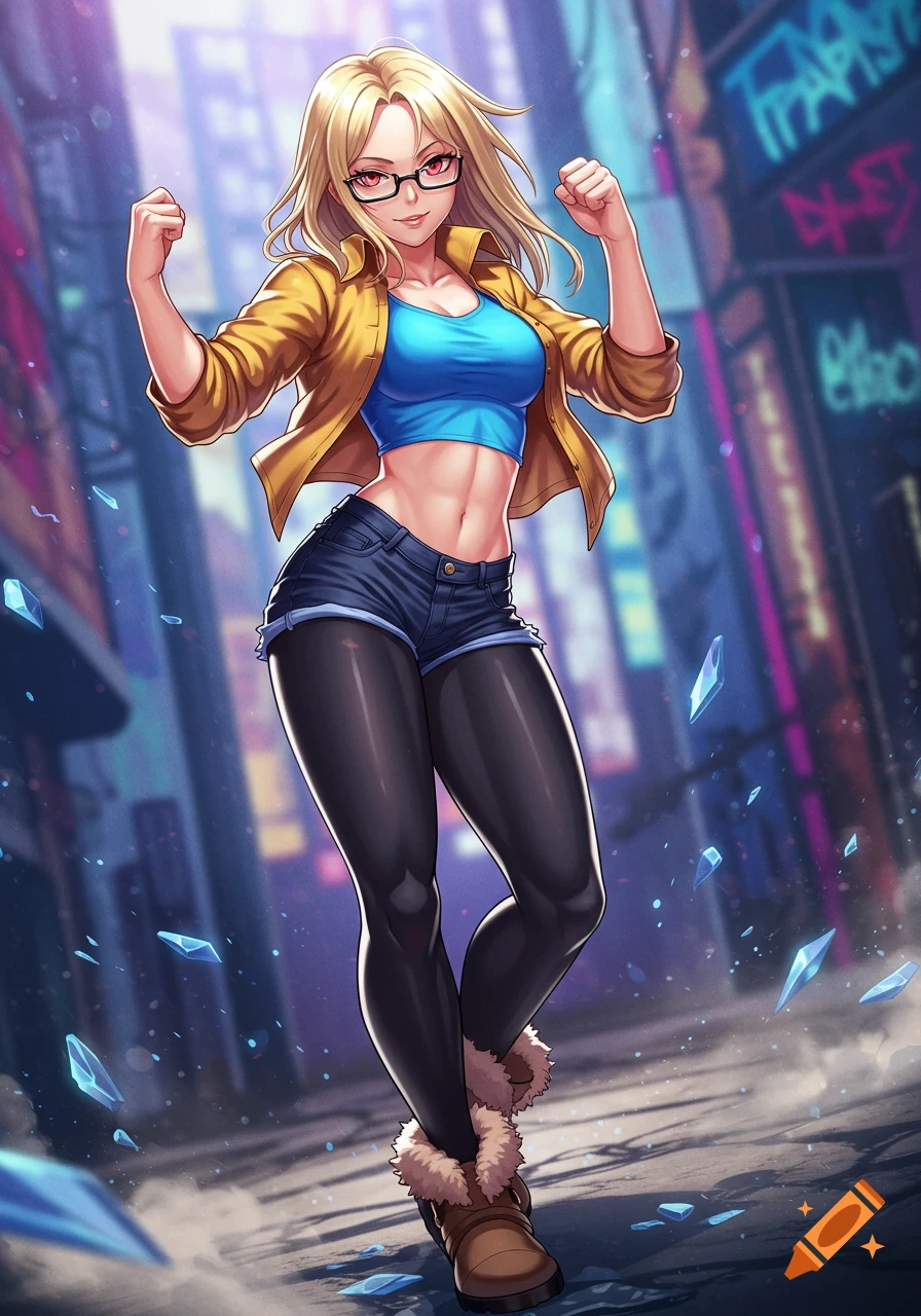 An anime girl with blonde hair, glasses, blue crop top, and jean shorts over black leggings poses in an urban alley with neon signs.