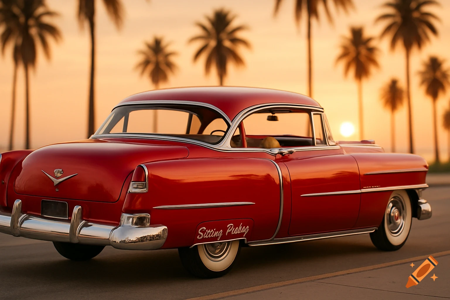 Red vintage car parked on a road with palm trees silhouetted against a sunset sky.